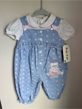 NWT Vintage Baby Togs Girls 2 Piece Blue Romper Set Size 3-6M
